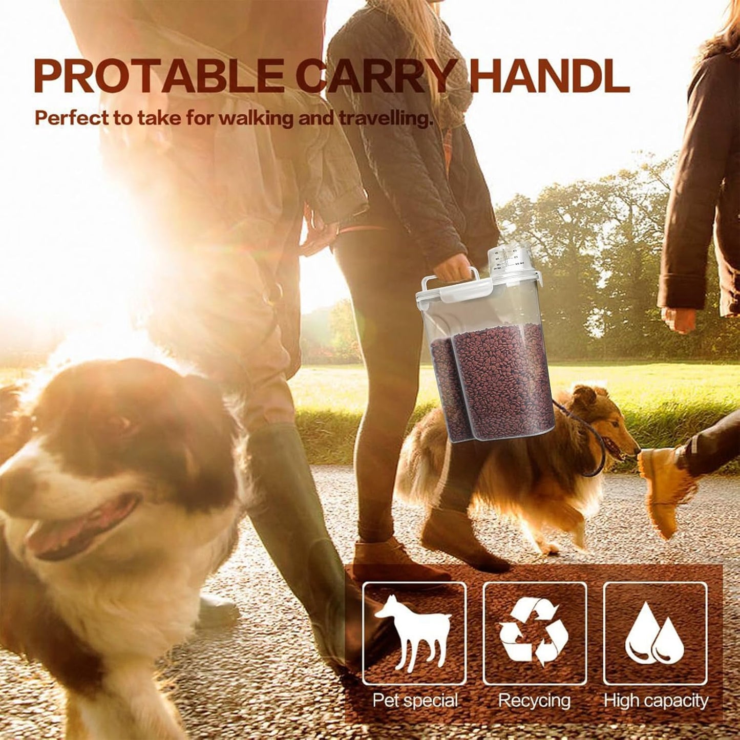 Dog Food Storage Container, 5-7 Lbs Airtight Pet Food Container, Cat food Container Dispenser with Portable Handle, Pouring Spout, Measuring Cup and a Collapsible bowl for Dogs Cats White/6Qt