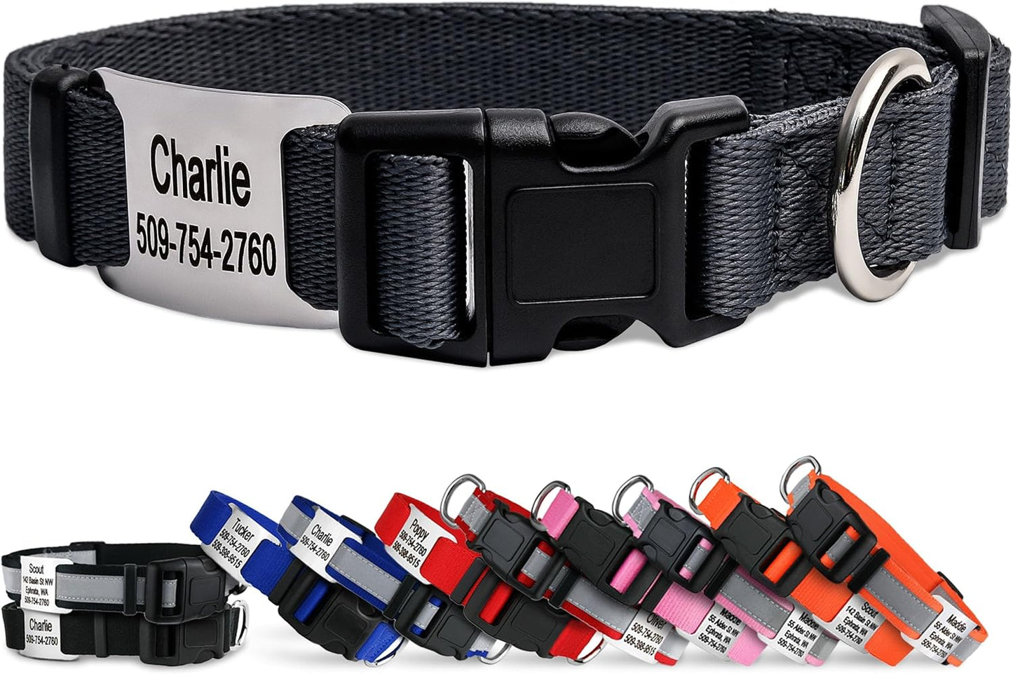 GoTags Personalized Dog Collar with Nameplate, Adjustable Dog Collar with Custom Engraved Slide On Pet ID Tag in Stainless Steel, Silent, No Noise Dog Tag (Charcoal, Small)