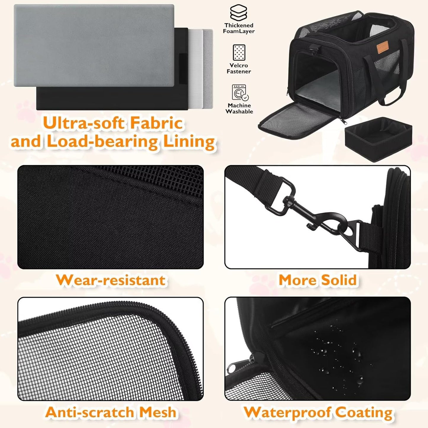 PETUX Pet Carrier Airline Approved, 17"x11"x9.5" Cat Carrier Soft with Anti-Scratch Mesh for Small Cats up to 12 lb, Top Open Portable Dog Carriers with Little Box for Puppy up to 10 lb (Black)
