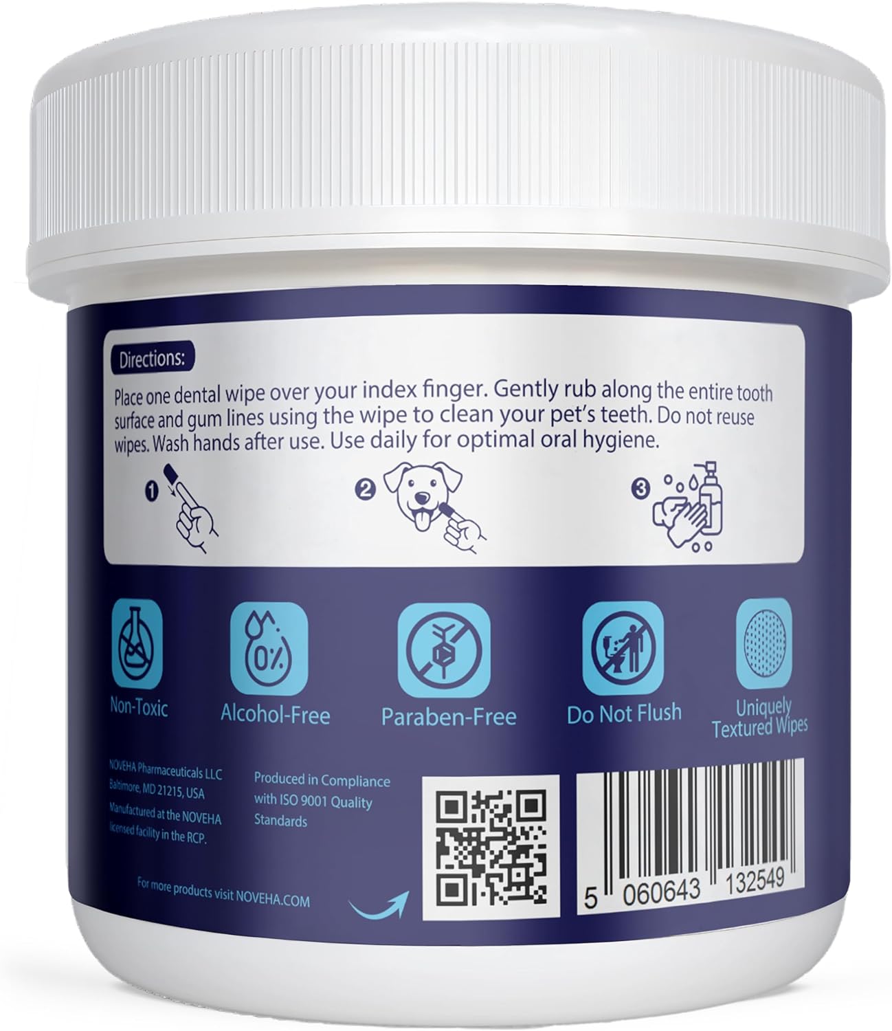 NOVEHA Pets Dental Finger Wipes for Dogs & Cats | Freshens Breath, Reduces Plaque | Healthier Gums | Clean Teeth No Toothbrush | Vet Recommended Effective Natural Oral Care (50 pcs, Mint)