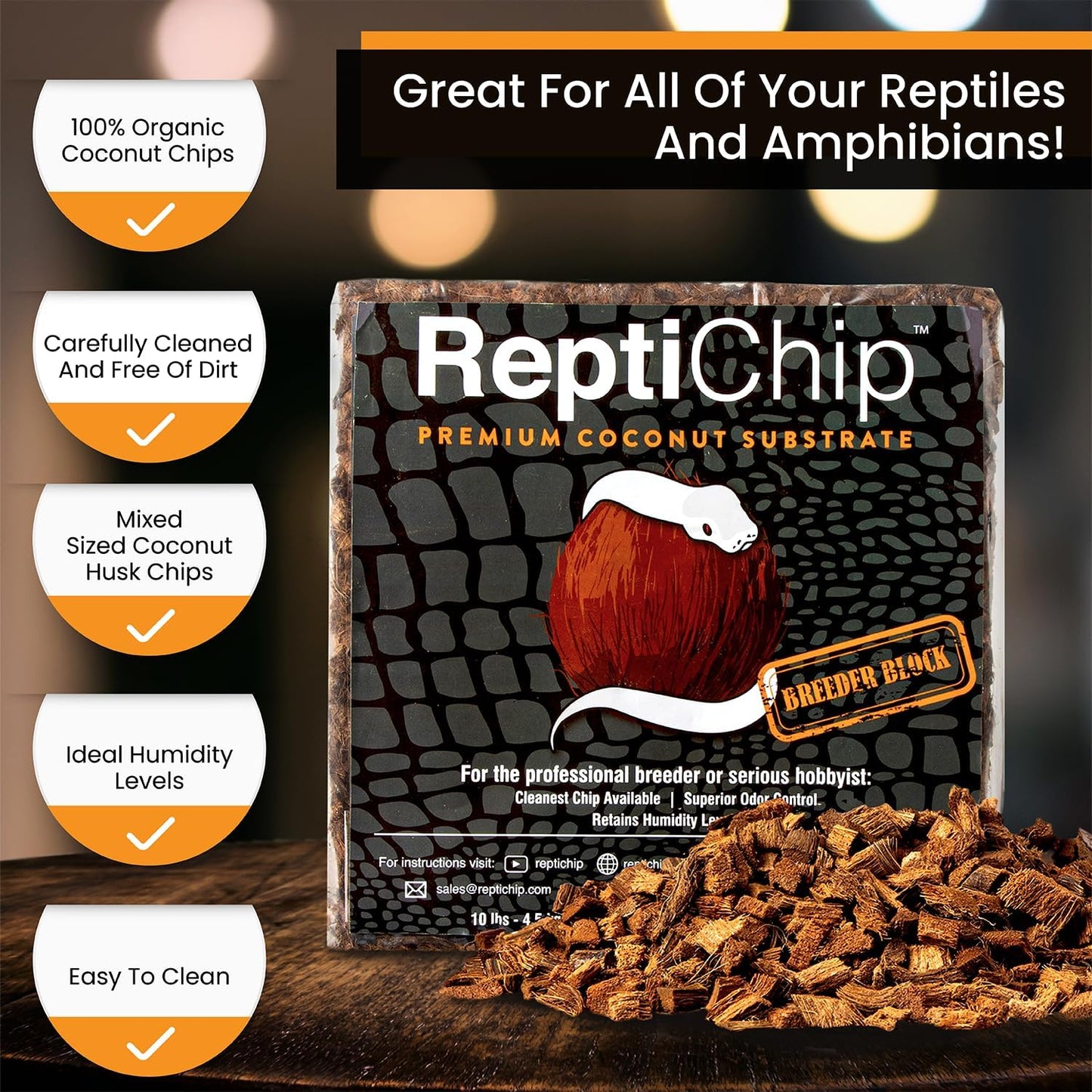 ReptiChip Reptile Substrate Coconut Chip Bedding 72 Quart Compressed Organic Coco Husk Block for Snake Habitat, Ball Python Terrarium, Turtle Tanks, Tortoise Enclosure (10 Pk)