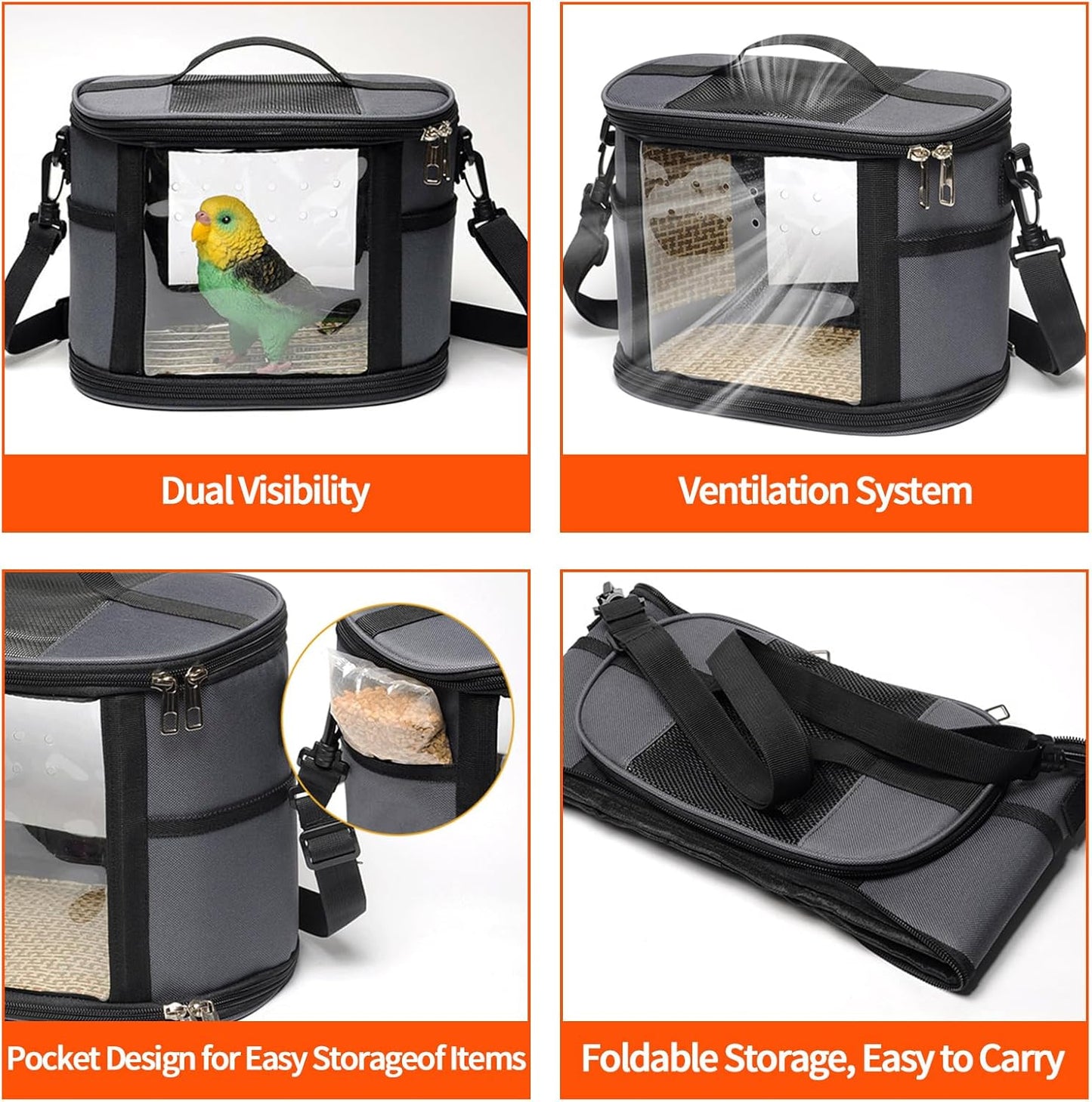 Bird Travel Carrierm, Small Bird Travel Backpack Carrier Cage with Tray and Breathable Clear Window, for Parakeet Cockatiel Budgies, for Camping Hiking (Large-Pink)