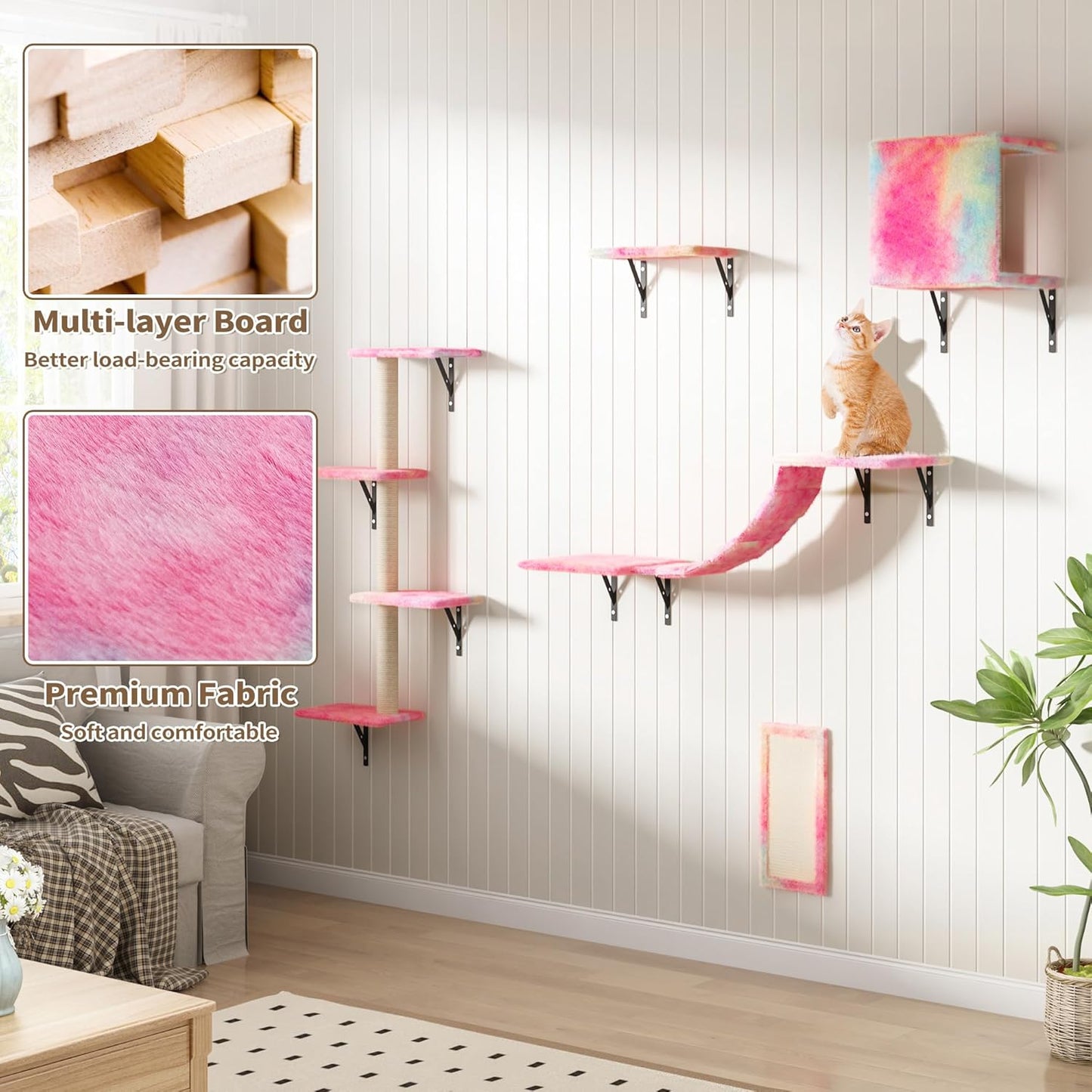 COZIWOW Wall Mounted Cat Furniture, Cat Wall Shelves and Perches, Floating Cat Shelves for Wall Set of 5 (Colorful)