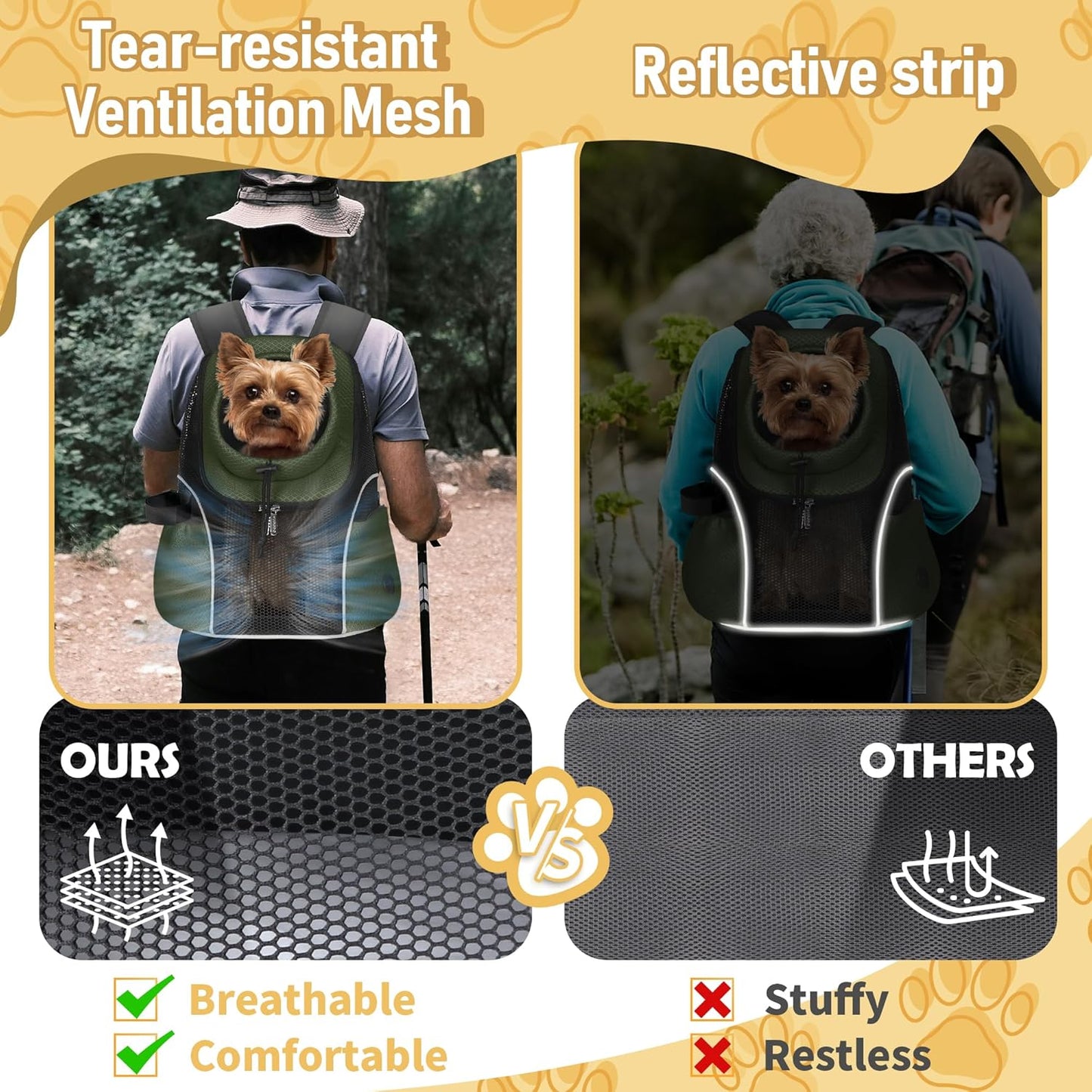 WOYYHO Pet Dog Carrier Backpack Small Dog Front Backpack Ventilated Mesh Dog Travel Back Pack with Safety Belt for Travel Hiking Cycling Outdoor Adventures (Size M: 5-9 lbs, Army Green)