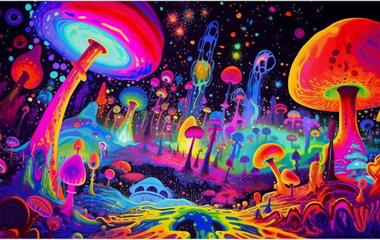 Fantasy Mushrooms Aquarium Background Abstract Mysterious Mushroom Landscape Terrarium Background Amazing Rainbow Mushrooms Theme Fish Tank Backdrop Poster Wallpaper Decorations Vinyl 72x18in