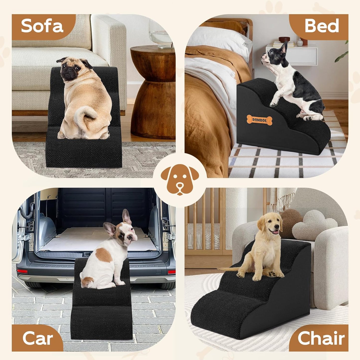 Romrol Dog Stairs Ramp for High Beds Couches, High Density Foam Pet Steps with Durable Non-Slip Waterproof Fabric Cover, Dog Stairs for Small Dogs or Cats or Pets, 3-Step,15 Inch,Black