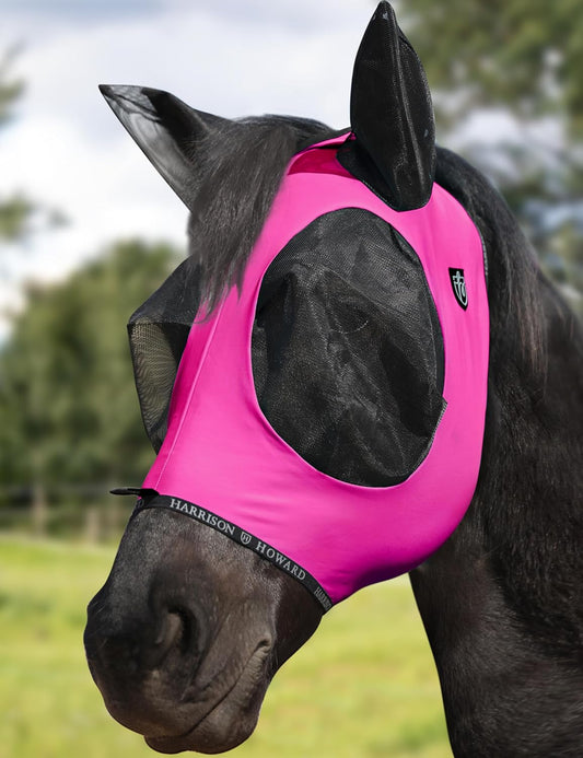 Harrison Howard Horse Fly Mask with Forelock Opening Stretch Breathable and Comfortable for Horses UV -Protection Fuchsia L