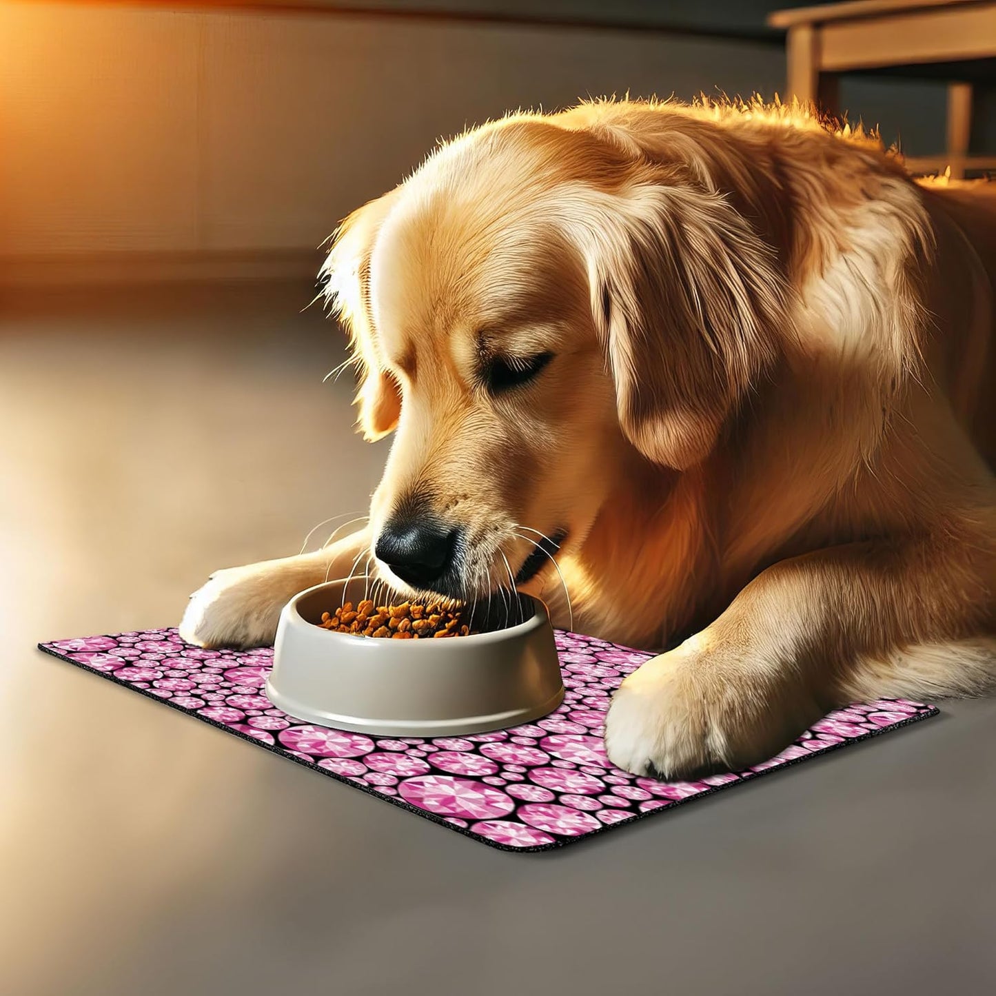 Lunarable Feminine Pet Mat for Food and Water, Big Vivid Diamond on The Dark Background Engagement and Wedding Themed Print, Non-Slip Rubber Mat for Dogs and Cats, 18" X 12", Pink