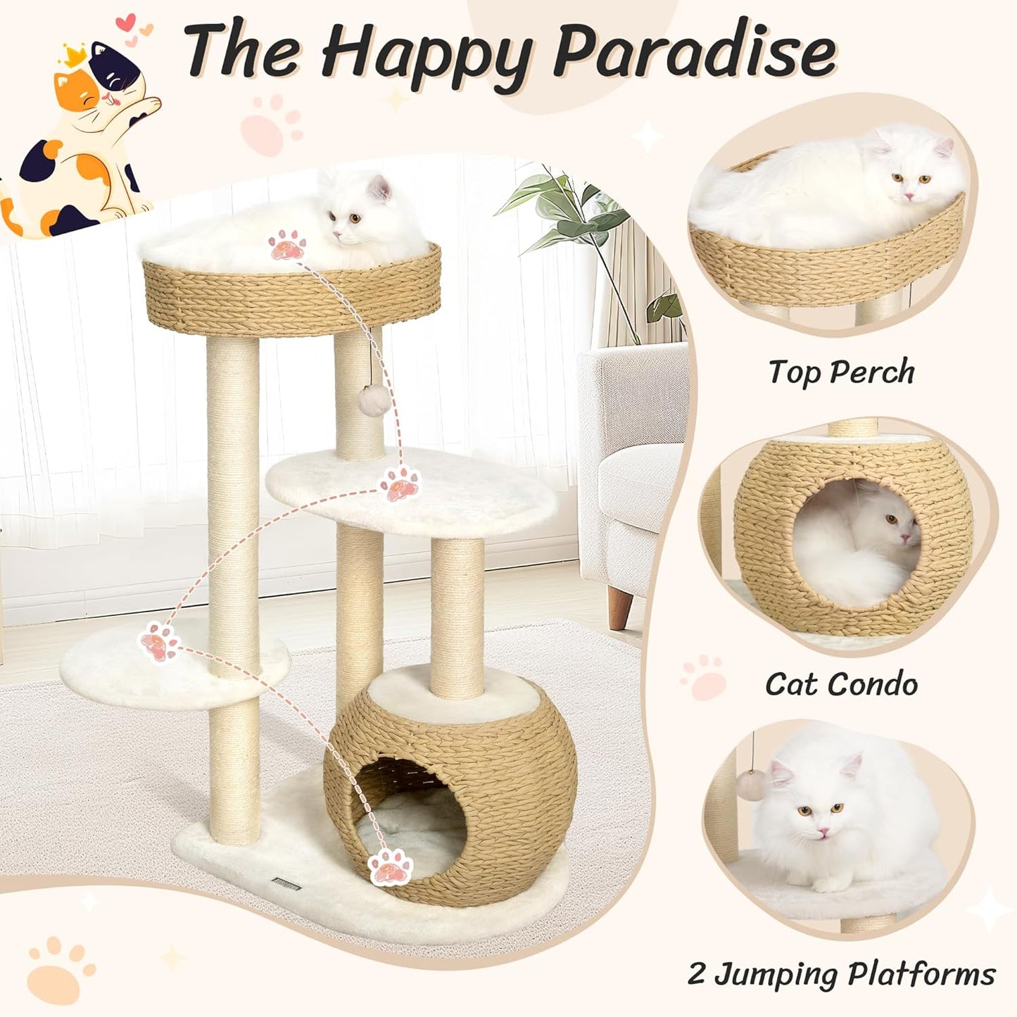 KAMABOKO Modern Cat Tree, 39" Tall Cat Trees for Indoor Cats, Cat Condo Natural Sisal with Scratching Posts, Hand-Woven Tower & Top Perch, Cat-Tree for Kittens Climb Play & Rest Black