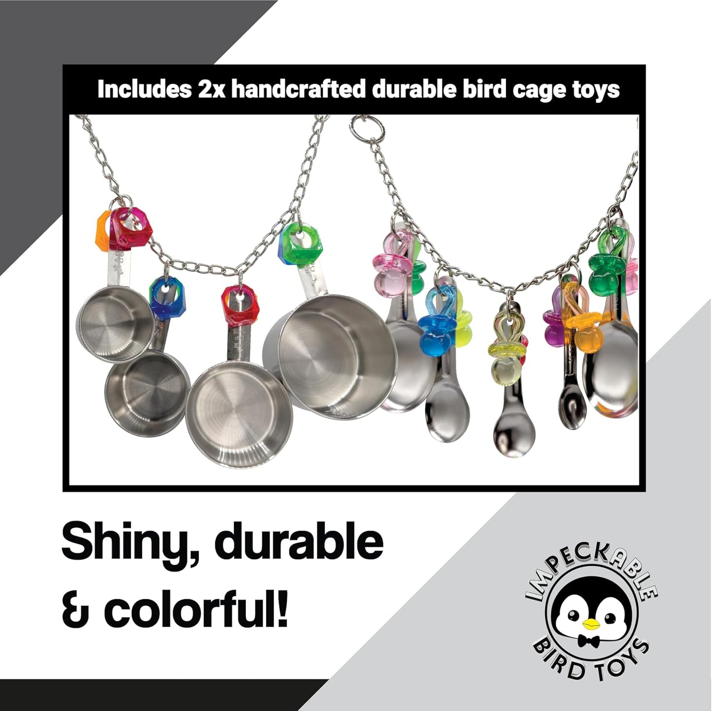 1970 Pk2 Pot and Spoon Delight Features Shiny pots and Spoons with Acrylic Rings and Pacifiers, Handcrafted for African Greys Amazons Macaws