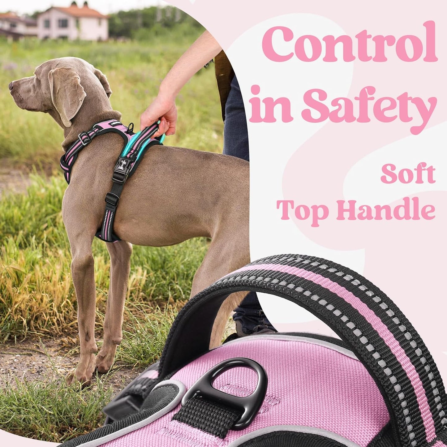 rabbitgoo Dog Harness Medium Sized, No Pull Pet Harness with 3 Buckles, Adjustable Soft Padded Vest with Control Handle, Walking Reflective Pet Vest for Medium Dogs, Pink, M