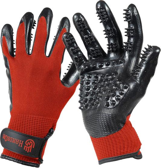 H HANDSON Pet Grooming Gloves - Patented #1 Ranked, Award Winning Shedding, Bathing, & Hair Remover Gloves - Gentle Brush for Cats, Dogs, and Horses (Red, Medium)