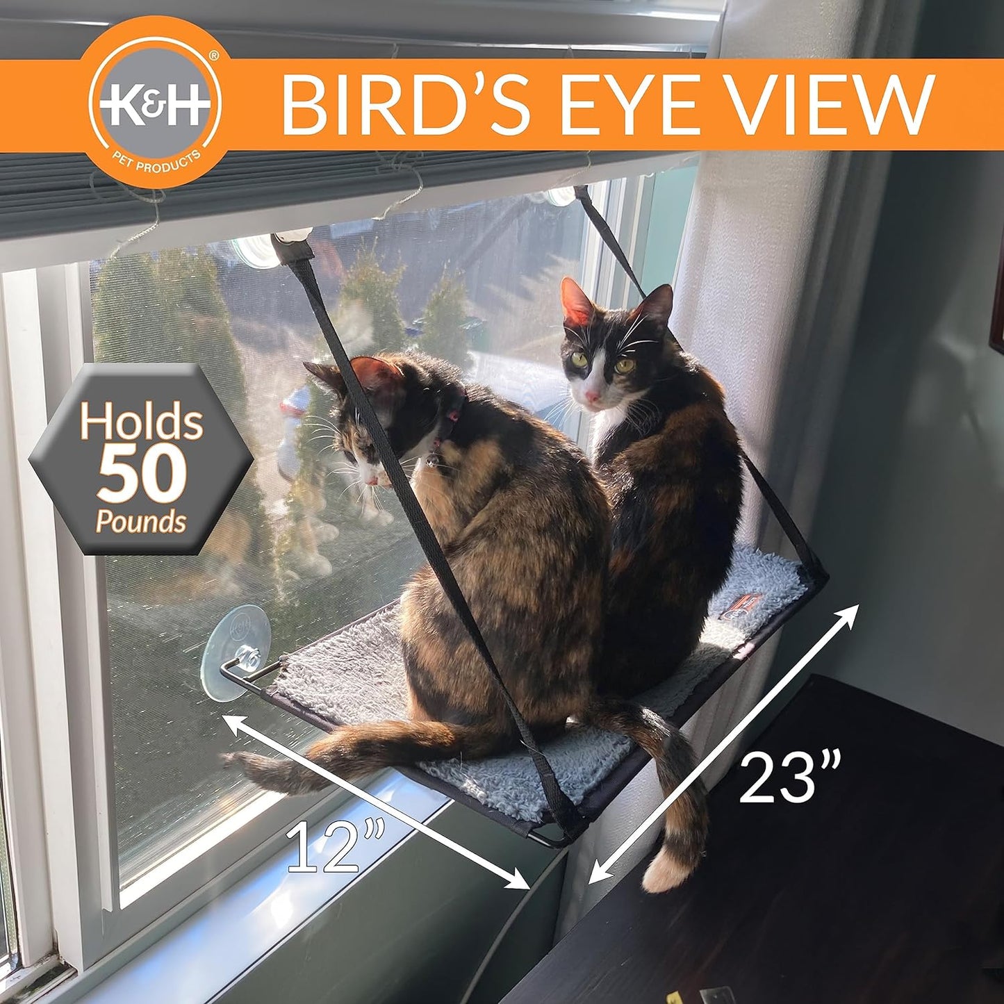 K&H Pet Products EZ Mount Cat Window Perch for Large Cats, Sturdy Kitty Sill Window Hammock Bed, Steel Frame, Sturdy Suction Cups, Washable Shelf Cover, Foldable - Fits 27"W X 23"H Glass Spaces