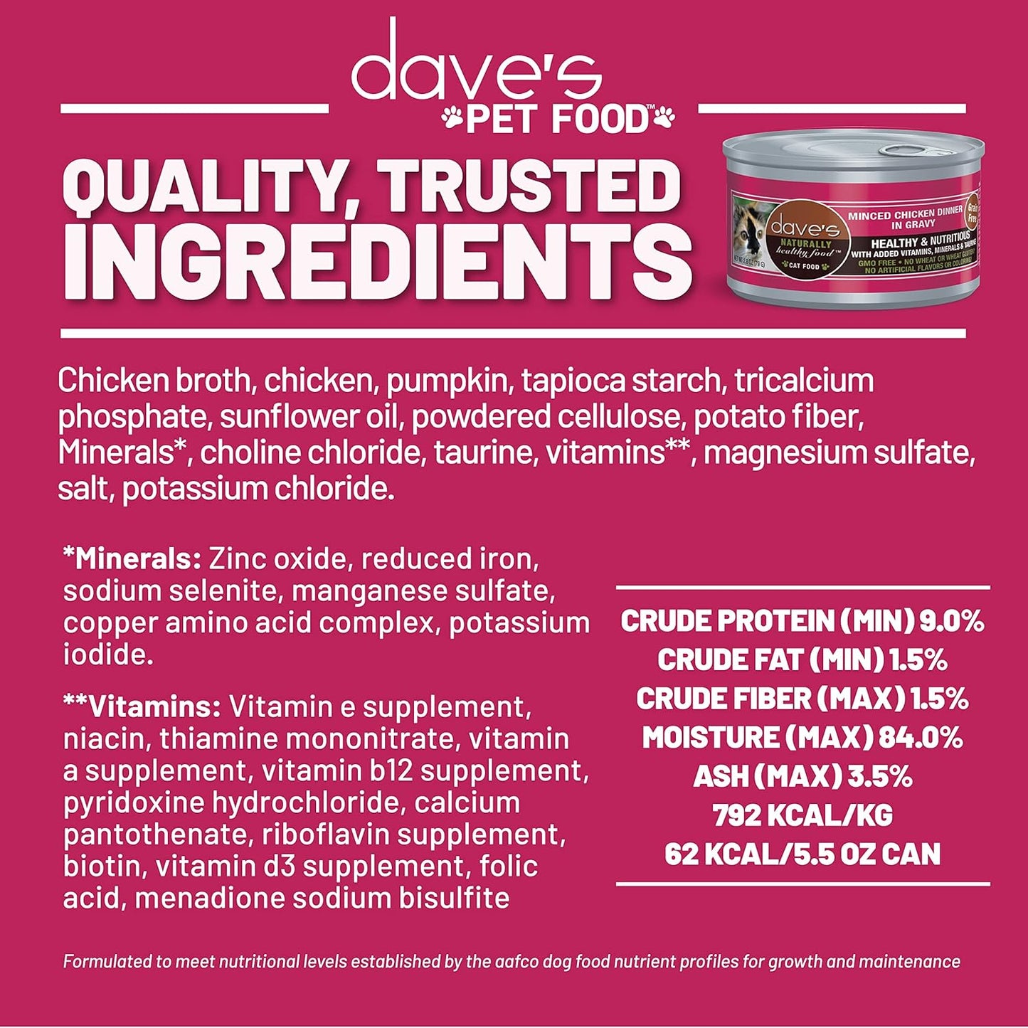 Dave's Pet Food Grain Free Wet Cat Food (Minced Chicken in Gravy), Naturally Healthy Canned, Added Vitamins & Minerals, Wheat, Gluten & GMO-Free, 2.8 oz (24 Pack)