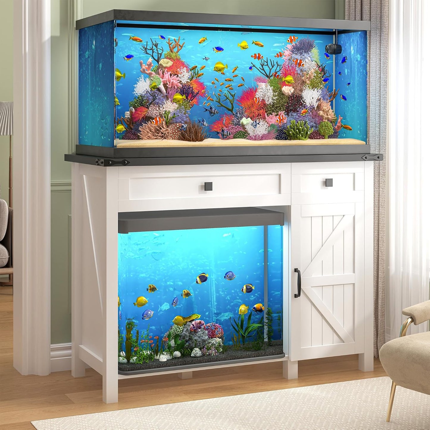 40 Gallon Aquarium Stand With Charging Station, Farmhouse Fish Tank Stand, Reptile Tank Stand Terrarium Stand with Drawer and Cabinet Storage, Sturdy Heavy Duty 41.9"×18.3" Tabletop - White