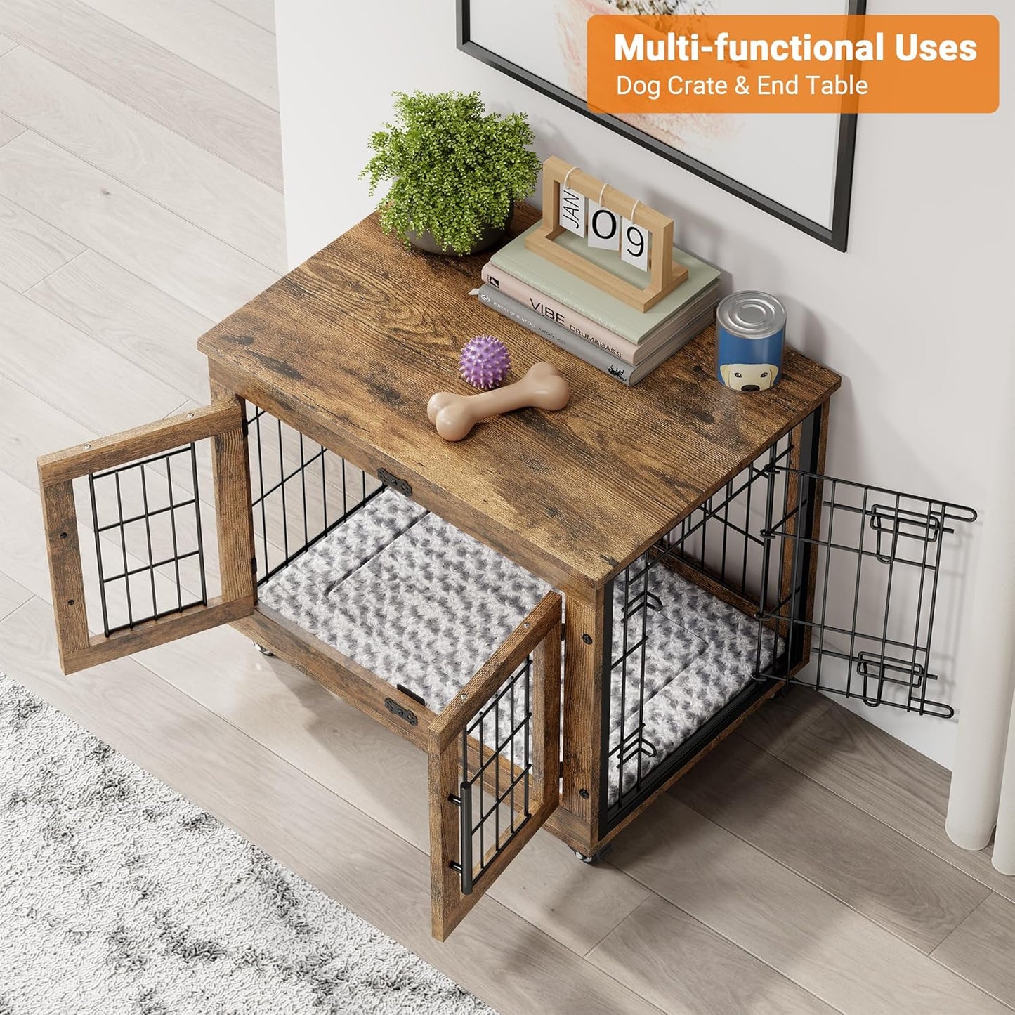 Lulive Small Dog Crate Furniture Set of 2, Dog Kennel Indoor Double Doors Wooden Dog Cage, 27' Heavy Duty Dog Crate with Cushion & Wheels, End Table Pet House Chew-Resistant Up to 30 lb, Rustic Brown
