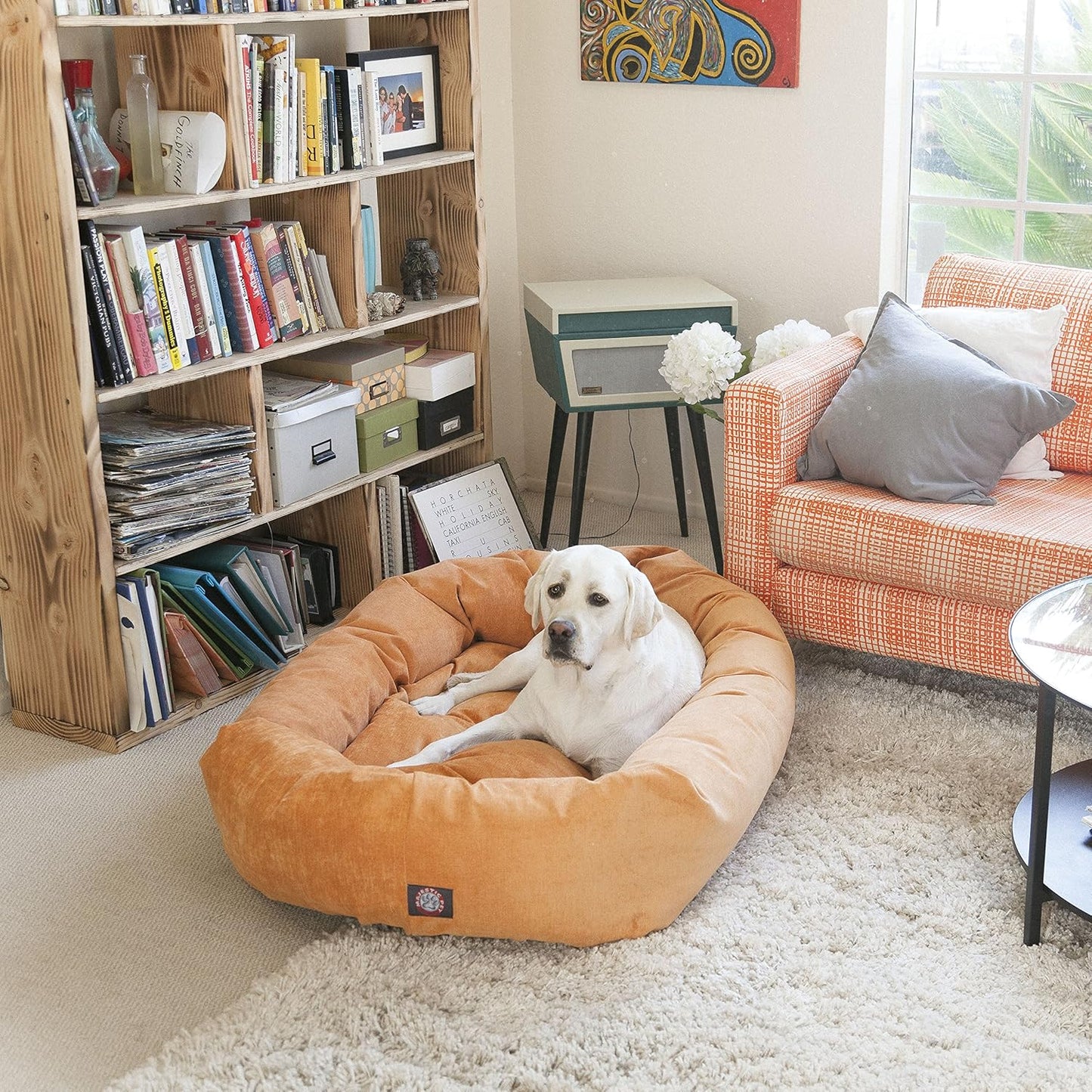 Majestic Pet 24 Inch Micro Velvet Calming Dog Bed Washable – Cozy Soft Round Dog Bed with Spine for Head Support - Fluffy Donut Dog Bed 24x19x7 (inch) – Round Pet Bed Small – Marine